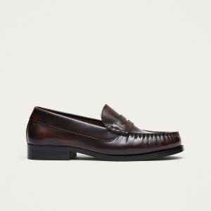 Rivet Vintage Effect Coffee Brown Leather Loafers